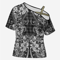 Hawaii Palaka Cross Shoulder Shirt Black Tribal Pattern With Tropical Flowers - Polynesian Pride