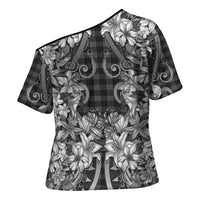 Hawaii Palaka Cross Shoulder Shirt Black Tribal Pattern With Tropical Flowers - Polynesian Pride