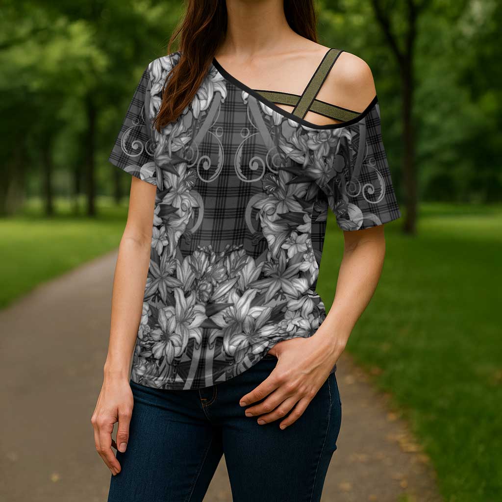 Hawaii Palaka Cross Shoulder Shirt Black Tribal Pattern With Tropical Flowers - Polynesian Pride
