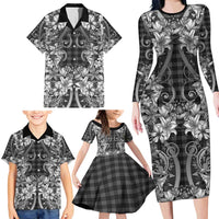 Hawaii Palaka Family Matching Long Sleeve Bodycon Dress and Hawaiian Shirt Black Tribal Pattern With Tropical Flowers LT05 - Polynesian Pride