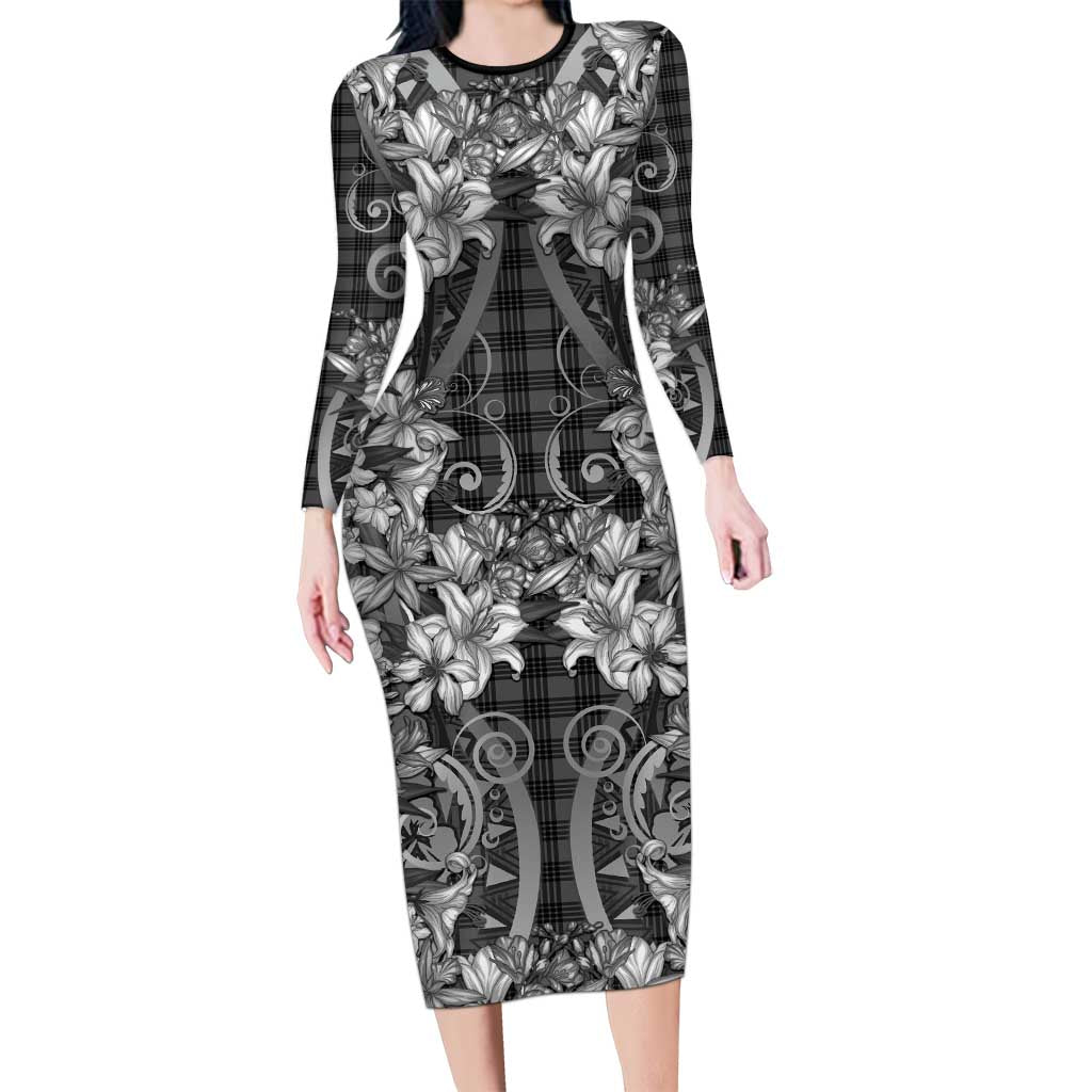 Hawaii Palaka Family Matching Long Sleeve Bodycon Dress and Hawaiian Shirt Black Tribal Pattern With Tropical Flowers LT05 Mom's Dress Black - Polynesian Pride