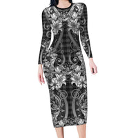 Hawaii Palaka Family Matching Long Sleeve Bodycon Dress and Hawaiian Shirt Black Tribal Pattern With Tropical Flowers LT05 Mom's Dress Black - Polynesian Pride