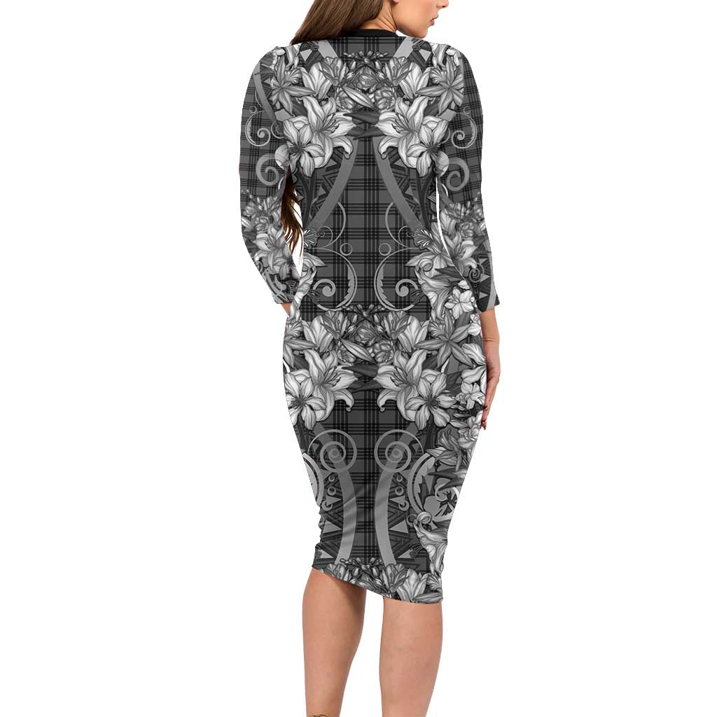 Hawaii Palaka Family Matching Long Sleeve Bodycon Dress and Hawaiian Shirt Black Tribal Pattern With Tropical Flowers LT05 - Polynesian Pride