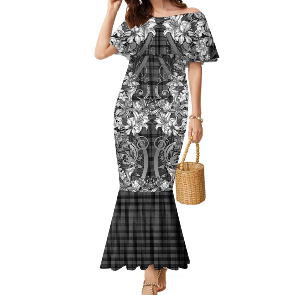 Hawaii Palaka Family Matching Mermaid Dress and Hawaiian Shirt Black Tribal Pattern With Tropical Flowers LT05 Mom's Dress Black - Polynesian Pride