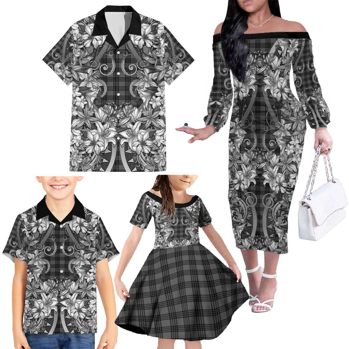 Hawaii Palaka Family Matching Off The Shoulder Long Sleeve Dress and Hawaiian Shirt Black Tribal Pattern With Tropical Flowers LT05 - Polynesian Pride