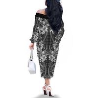 Hawaii Palaka Family Matching Off The Shoulder Long Sleeve Dress and Hawaiian Shirt Black Tribal Pattern With Tropical Flowers LT05 - Polynesian Pride