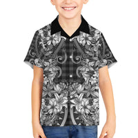 Hawaii Palaka Family Matching Off The Shoulder Long Sleeve Dress and Hawaiian Shirt Black Tribal Pattern With Tropical Flowers LT05 Son's Shirt Black - Polynesian Pride