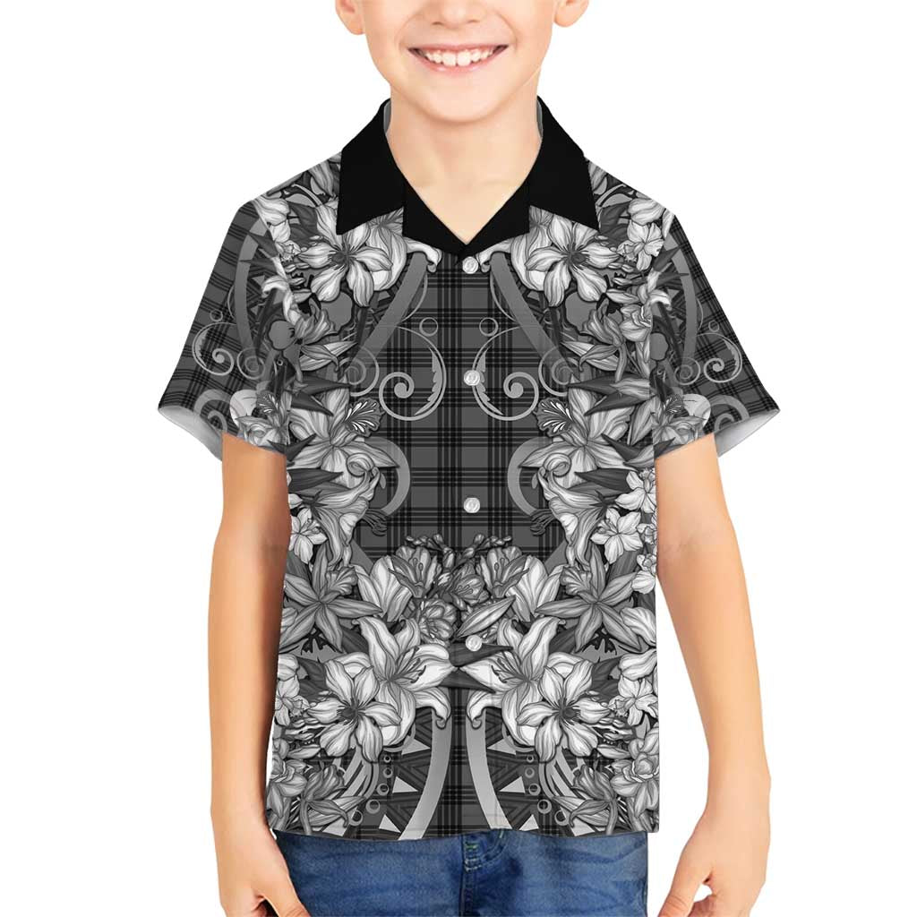Hawaii Palaka Family Matching Off Shoulder Maxi Dress and Hawaiian Shirt Black Tribal Pattern With Tropical Flowers - Polynesian Pride