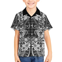 Hawaii Palaka Family Matching Off Shoulder Maxi Dress and Hawaiian Shirt Black Tribal Pattern With Tropical Flowers - Polynesian Pride