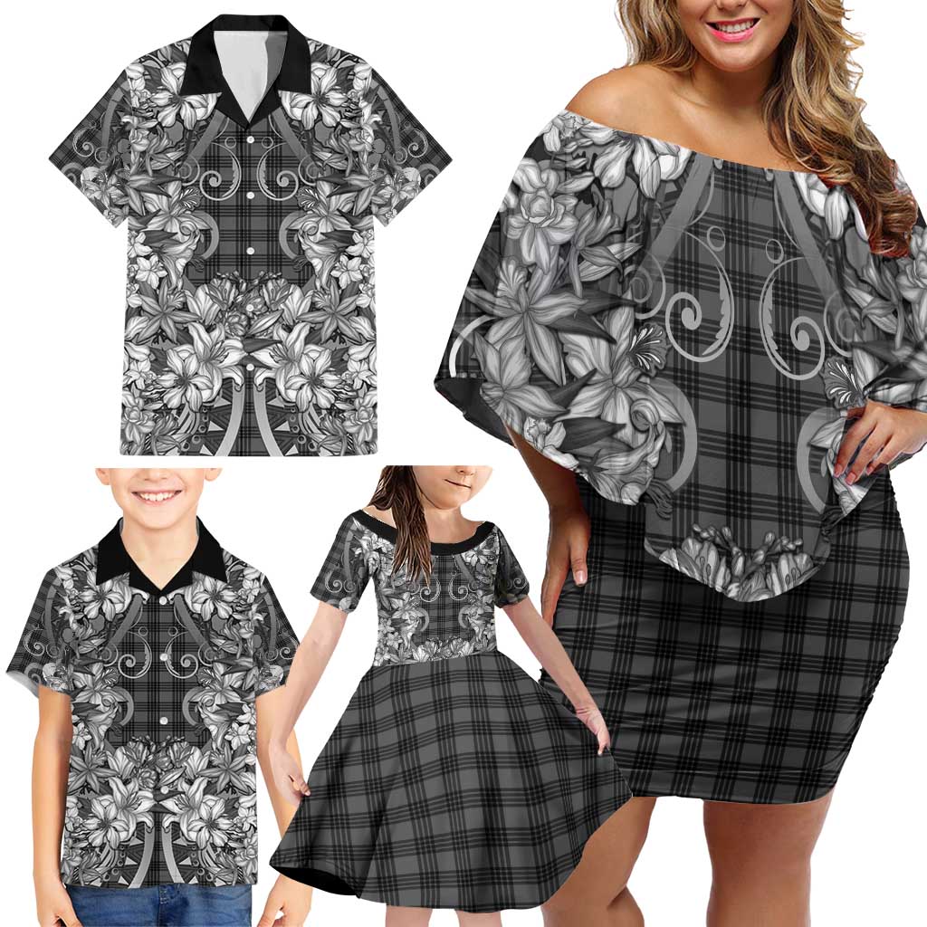 Hawaii Palaka Family Matching Off Shoulder Short Dress and Hawaiian Shirt Black Tribal Pattern With Tropical Flowers LT05 - Polynesian Pride