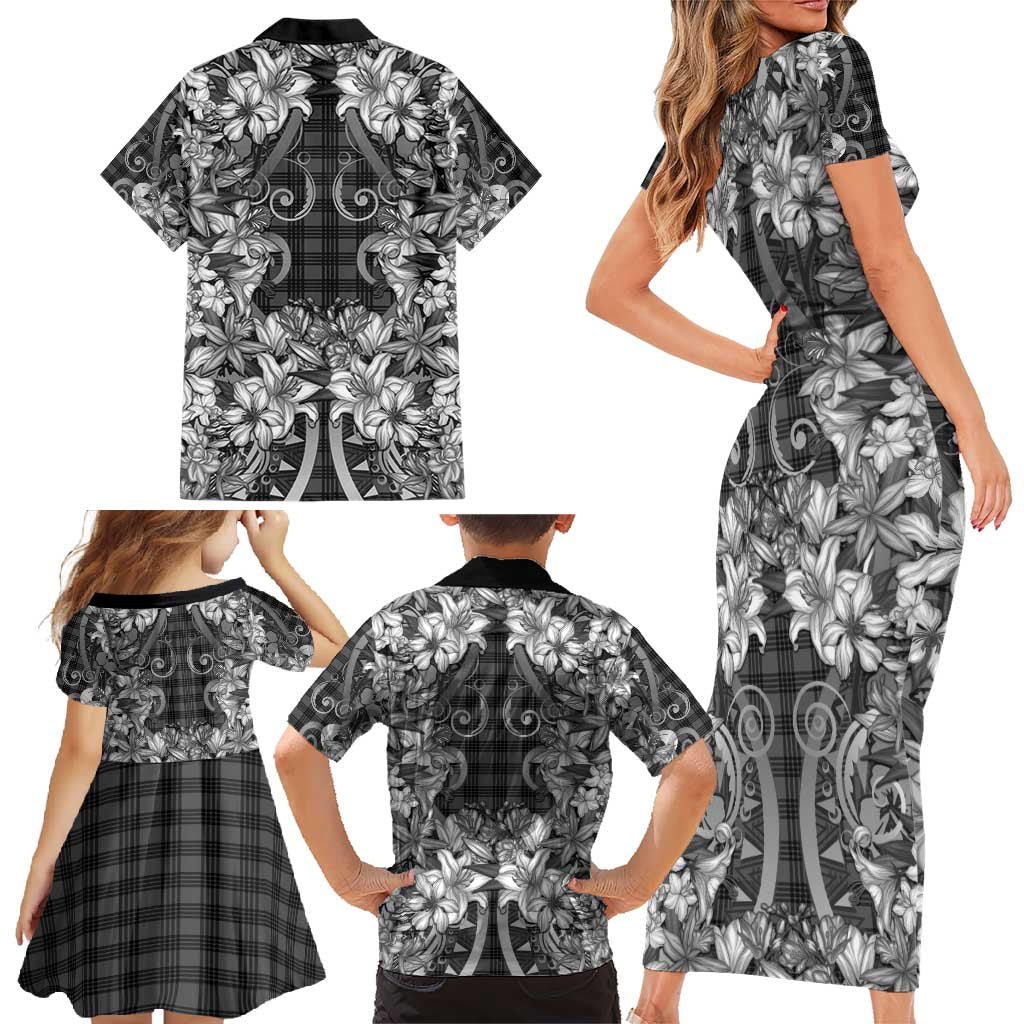 Hawaii Palaka Family Matching Short Sleeve Bodycon Dress and Hawaiian Shirt Black Tribal Pattern With Tropical Flowers LT05 - Polynesian Pride