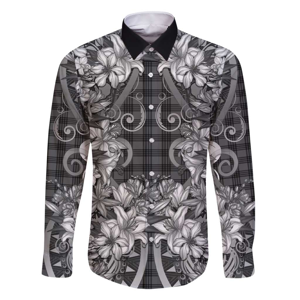 Hawaii Palaka Family Matching Short Sleeve Bodycon Dress and Hawaiian Shirt Black Tribal Pattern With Tropical Flowers LT05 Dad's Shirt - Long Sleeve Black - Polynesian Pride
