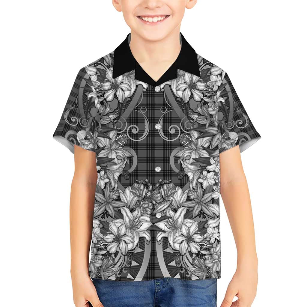 Hawaii Palaka Family Matching Short Sleeve Bodycon Dress and Hawaiian Shirt Black Tribal Pattern With Tropical Flowers LT05 Son's Shirt Black - Polynesian Pride