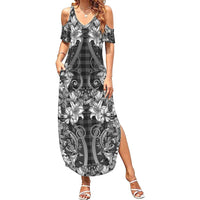 Hawaii Palaka Family Matching Summer Maxi Dress and Hawaiian Shirt Black Tribal Pattern With Tropical Flowers - Polynesian Pride
