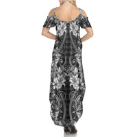 Hawaii Palaka Family Matching Summer Maxi Dress and Hawaiian Shirt Black Tribal Pattern With Tropical Flowers - Polynesian Pride