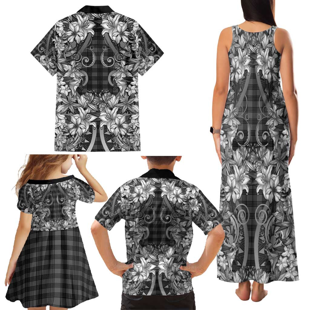 Hawaii Palaka Family Matching Tank Maxi Dress and Hawaiian Shirt Black Tribal Pattern With Tropical Flowers LT05 - Polynesian Pride