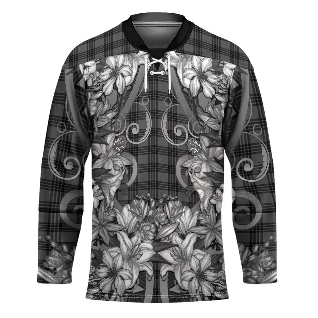 Hawaii Palaka Hockey Jersey Black Tribal Pattern With Tropical Flowers - Polynesian Pride