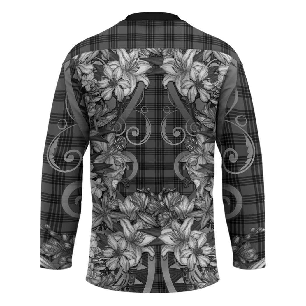 Hawaii Palaka Hockey Jersey Black Tribal Pattern With Tropical Flowers - Polynesian Pride