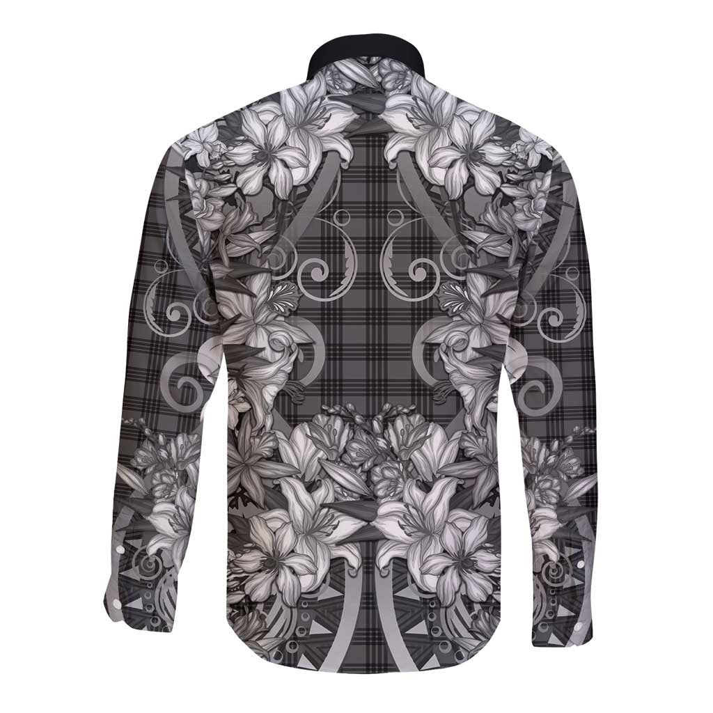 Hawaii Palaka Long Sleeve Button Shirt Black Tribal Pattern With Tropical Flowers - Polynesian Pride