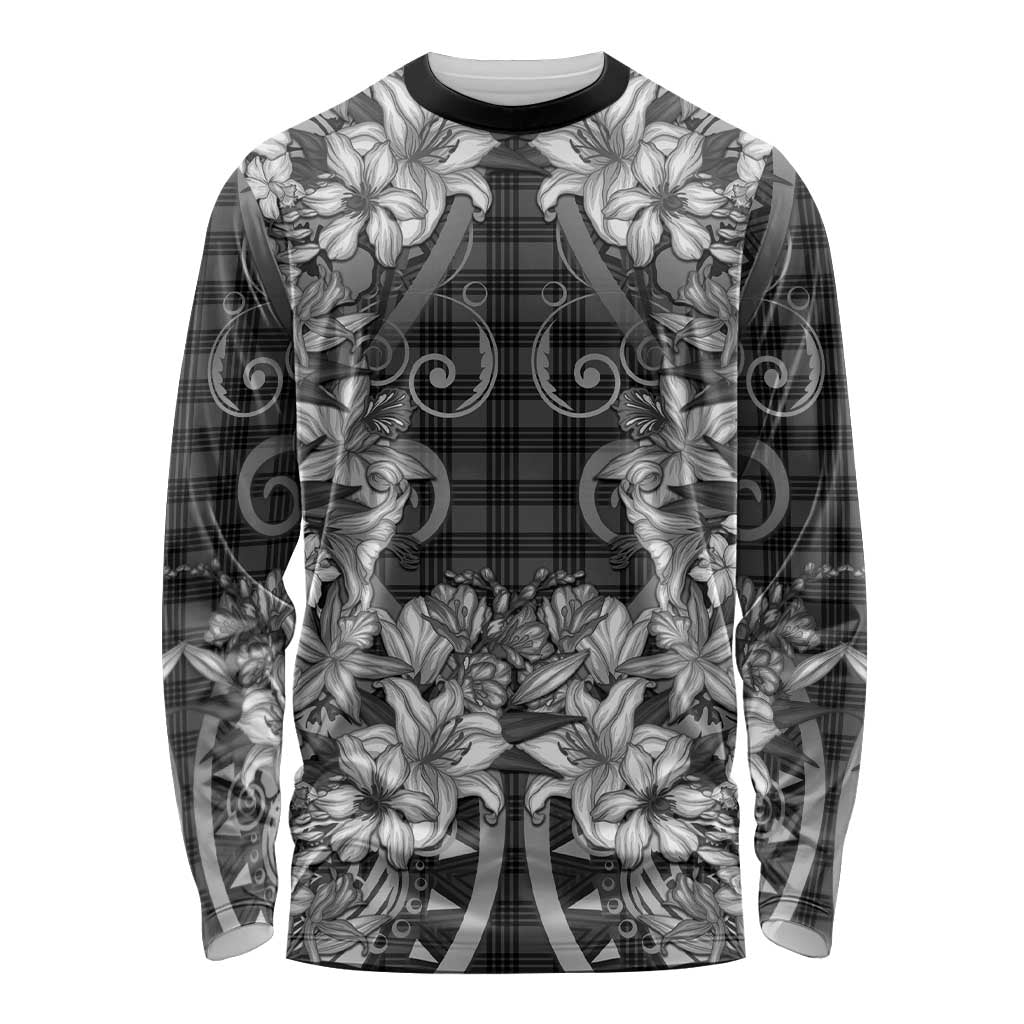Hawaii Palaka Long Sleeve Shirt Black Tribal Pattern With Tropical Flowers - Polynesian Pride