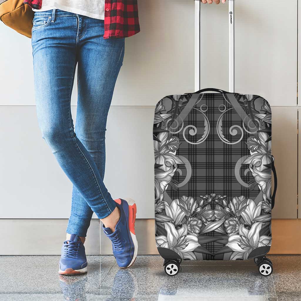 Hawaii Palaka Luggage Cover Black Tribal Pattern With Tropical Flowers - Polynesian Pride