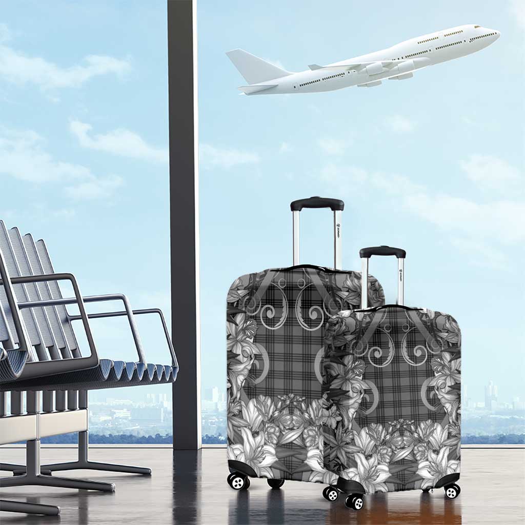 Hawaii Palaka Luggage Cover Black Tribal Pattern With Tropical Flowers - Polynesian Pride