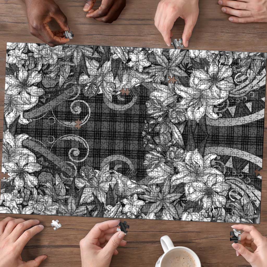 Hawaii Palaka Puzzle Black Tribal Pattern With Tropical Flowers - Polynesian Pride