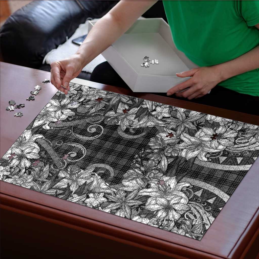 Hawaii Palaka Puzzle Black Tribal Pattern With Tropical Flowers - Polynesian Pride