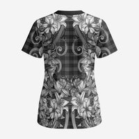 Hawaii Palaka Scrub Top Black Tribal Pattern With Tropical Flowers - Polynesian Pride