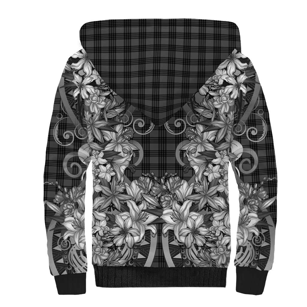 Hawaii Palaka Sherpa Hoodie Black Tribal Pattern With Tropical Flowers - Polynesian Pride