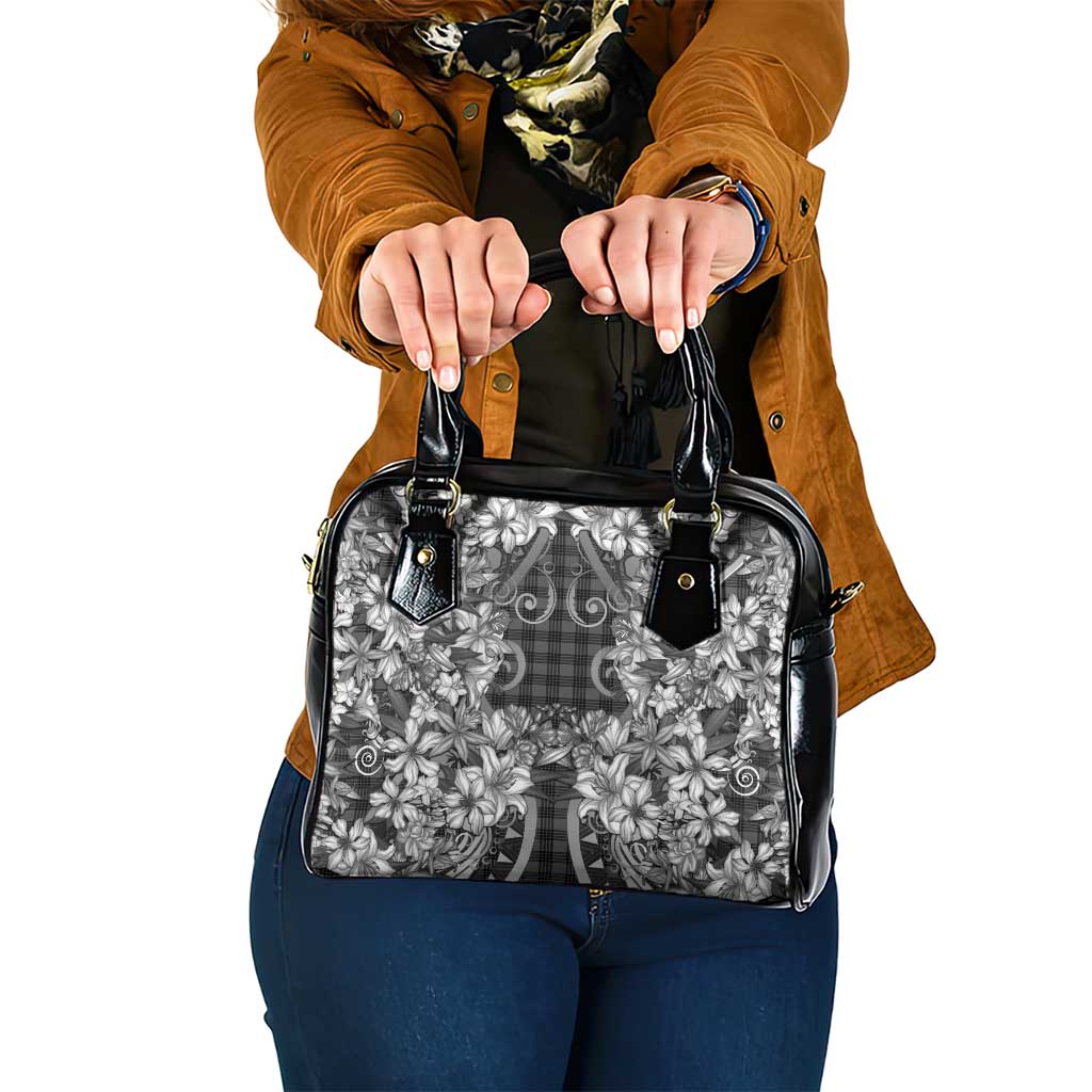 Hawaii Palaka Shoulder Handbag Black Tribal Pattern With Tropical Flowers - Polynesian Pride
