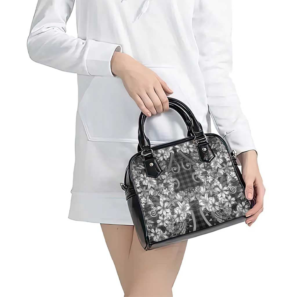 Hawaii Palaka Shoulder Handbag Black Tribal Pattern With Tropical Flowers - Polynesian Pride