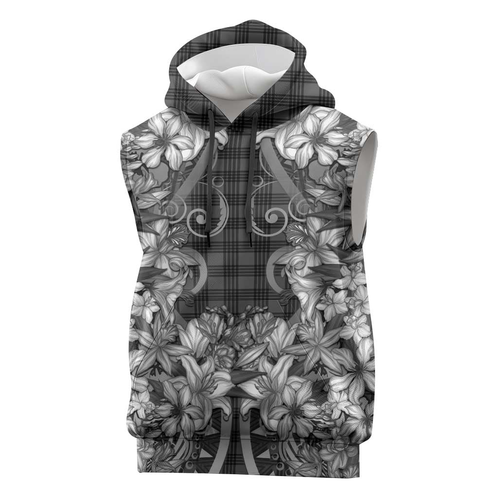 Hawaii Palaka Sleeveless Hoodie Black Tribal Pattern With Tropical Flowers - Polynesian Pride