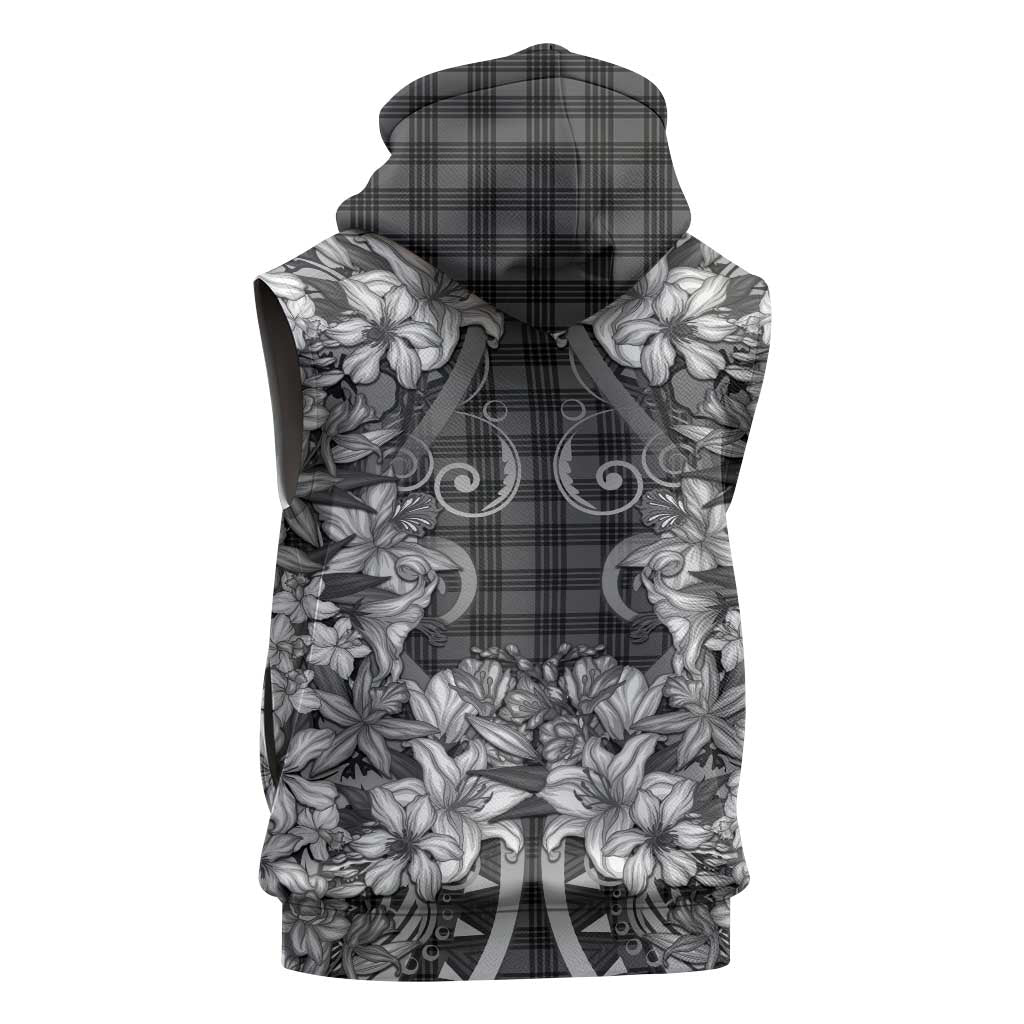 Hawaii Palaka Sleeveless Hoodie Black Tribal Pattern With Tropical Flowers - Polynesian Pride