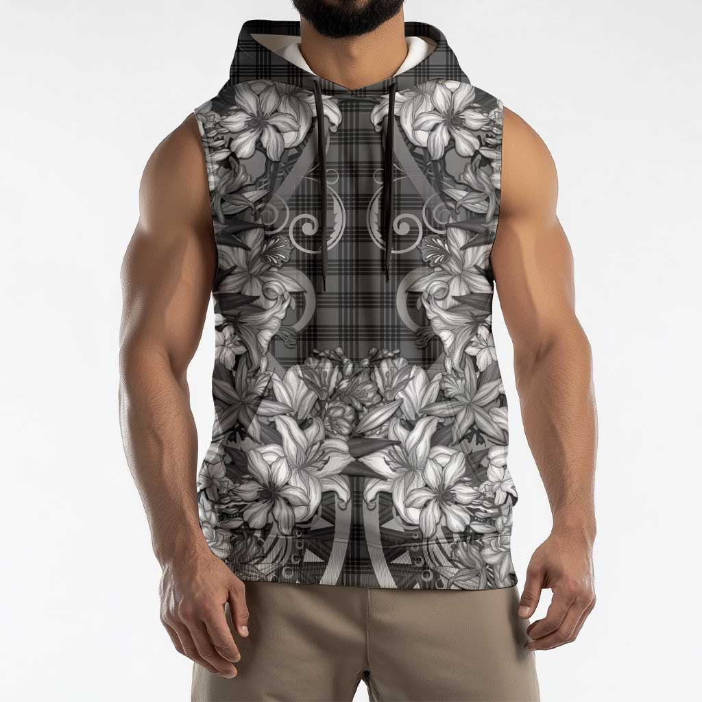 Hawaii Palaka Sleeveless Hoodie Black Tribal Pattern With Tropical Flowers - Polynesian Pride