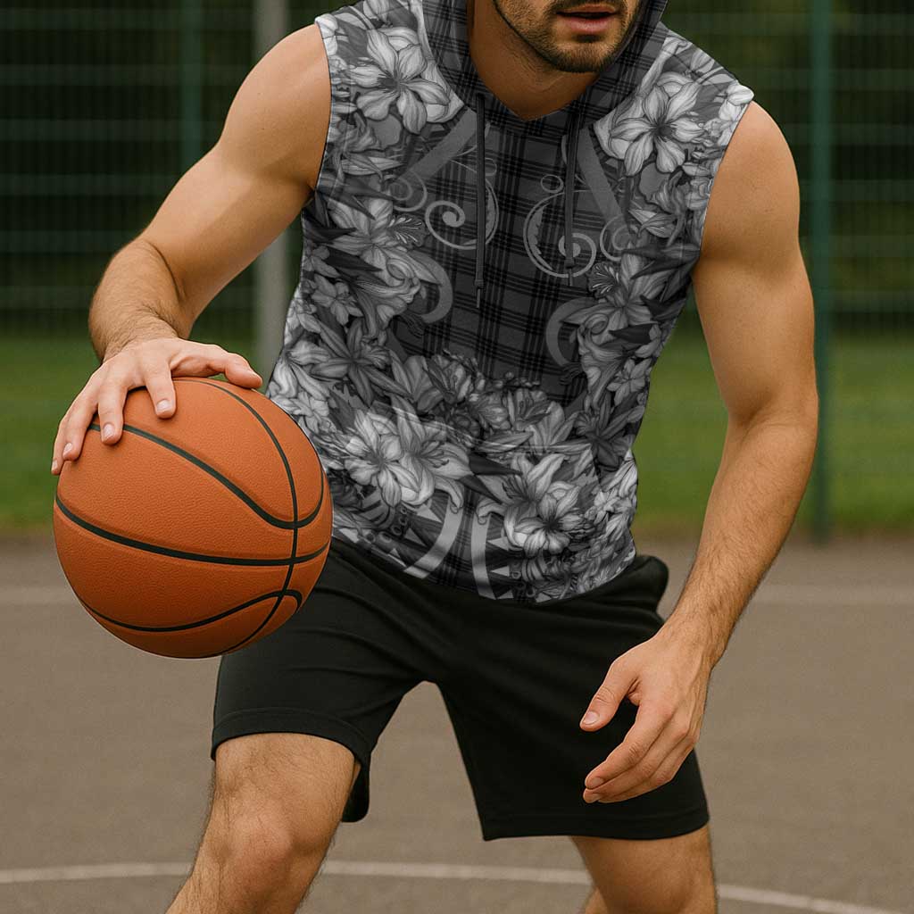 Hawaii Palaka Sleeveless Hoodie Black Tribal Pattern With Tropical Flowers - Polynesian Pride