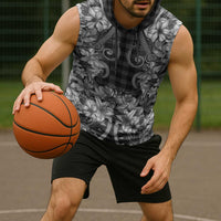 Hawaii Palaka Sleeveless Hoodie Black Tribal Pattern With Tropical Flowers - Polynesian Pride