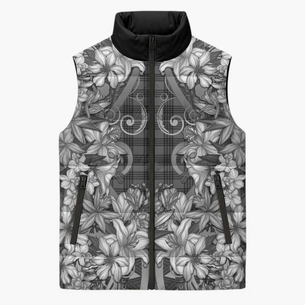 Hawaii Palaka Sleeveless Puffer Jacket Black Tribal Pattern With Tropical Flowers - Polynesian Pride