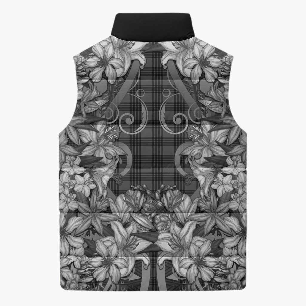 Hawaii Palaka Sleeveless Puffer Jacket Black Tribal Pattern With Tropical Flowers - Polynesian Pride