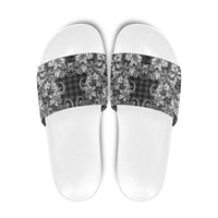 Hawaii Palaka Slide Sandals Black Tribal Pattern With Tropical Flowers - Polynesian Pride
