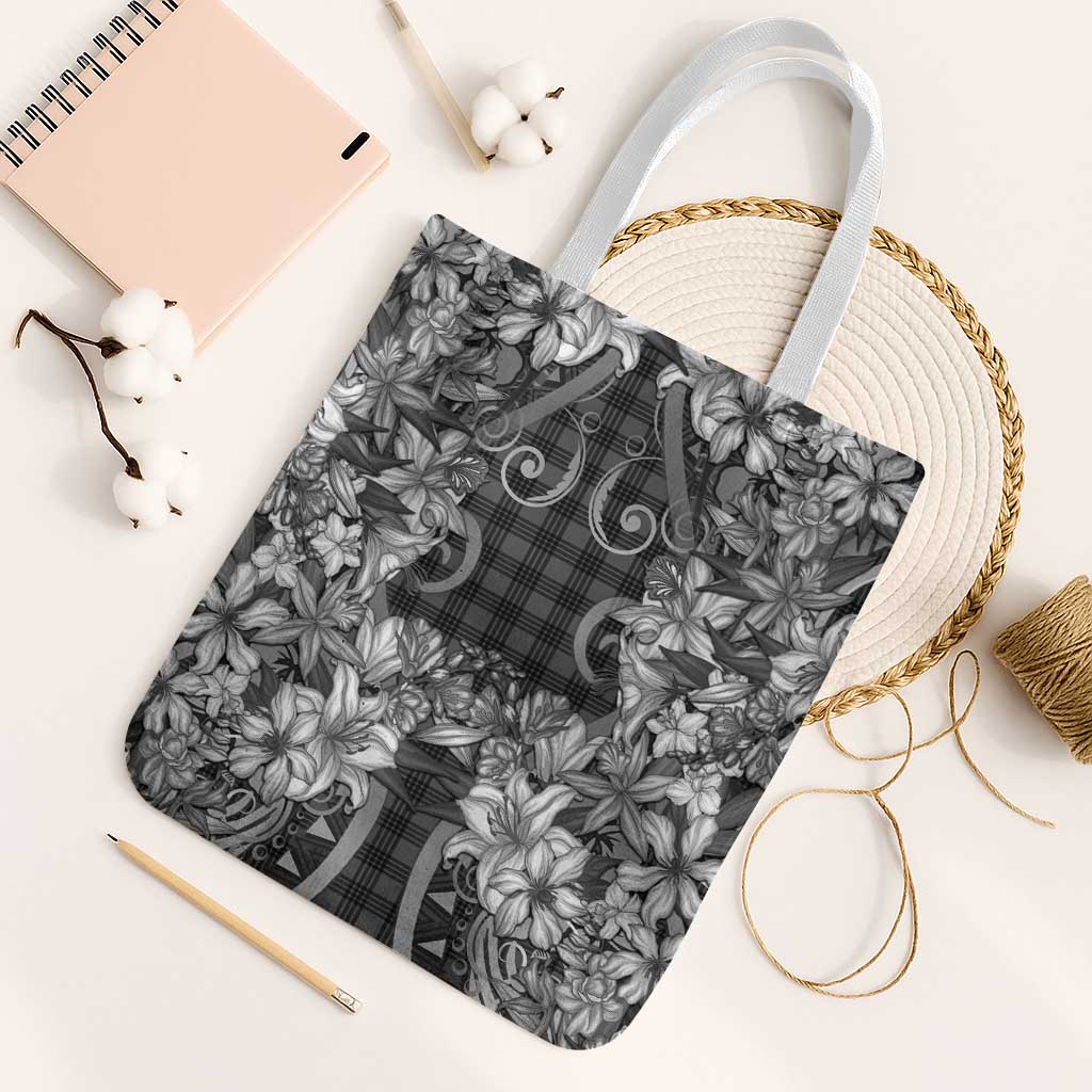 Hawaii Palaka Tote Bag Black Tribal Pattern With Tropical Flowers - Polynesian Pride