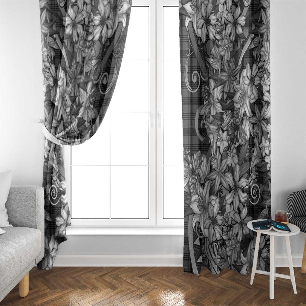 Hawaii Palaka Window Curtain Black Tribal Pattern With Tropical Flowers - Polynesian Pride