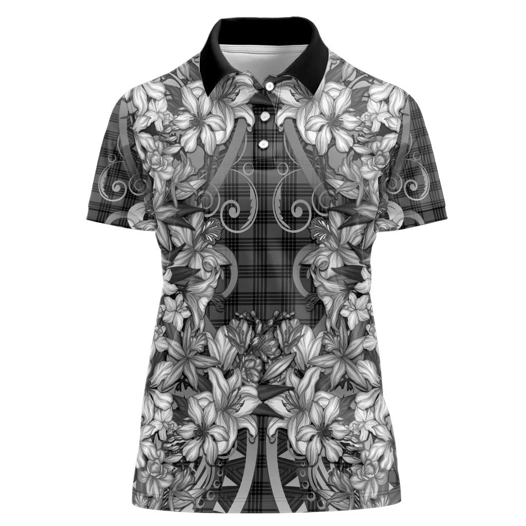 Hawaii Palaka Women Polo Shirt Black Tribal Pattern With Tropical Flowers LT05 Female Black - Polynesian Pride