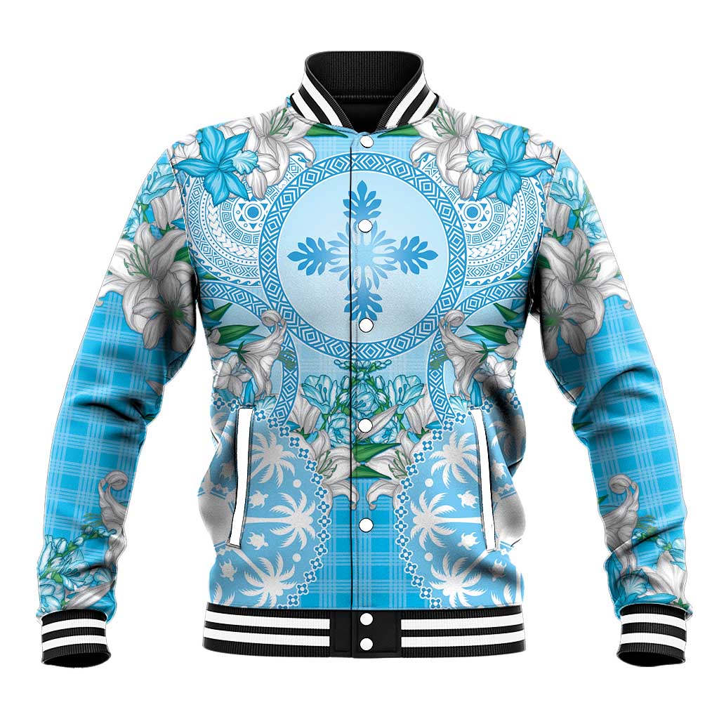 Hawaii Cyan Palaka Baseball Jacket With Tapa Pattern Tropical Flowers - Polynesian Pride