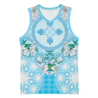 Hawaii Cyan Palaka Basketball Jersey With Tapa Pattern Tropical Flowers - Polynesian Pride