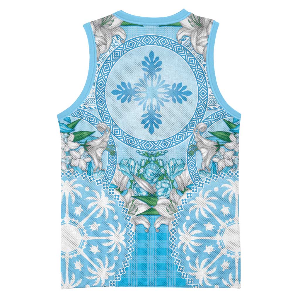 Hawaii Cyan Palaka Basketball Jersey With Tapa Pattern Tropical Flowers - Polynesian Pride