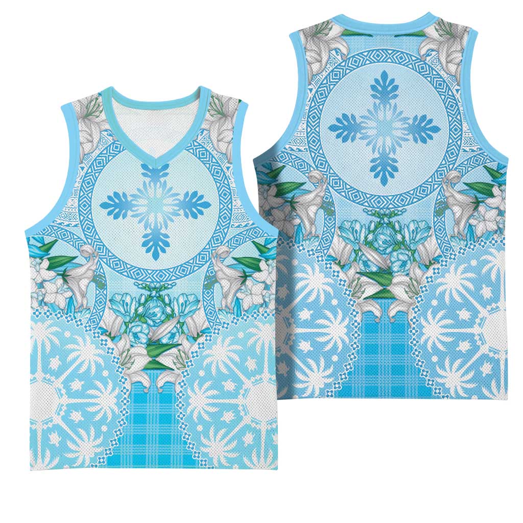 Hawaii Cyan Palaka Basketball Jersey With Tapa Pattern Tropical Flowers - Polynesian Pride