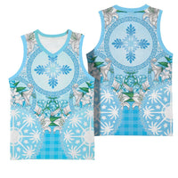 Hawaii Cyan Palaka Basketball Jersey With Tapa Pattern Tropical Flowers - Polynesian Pride