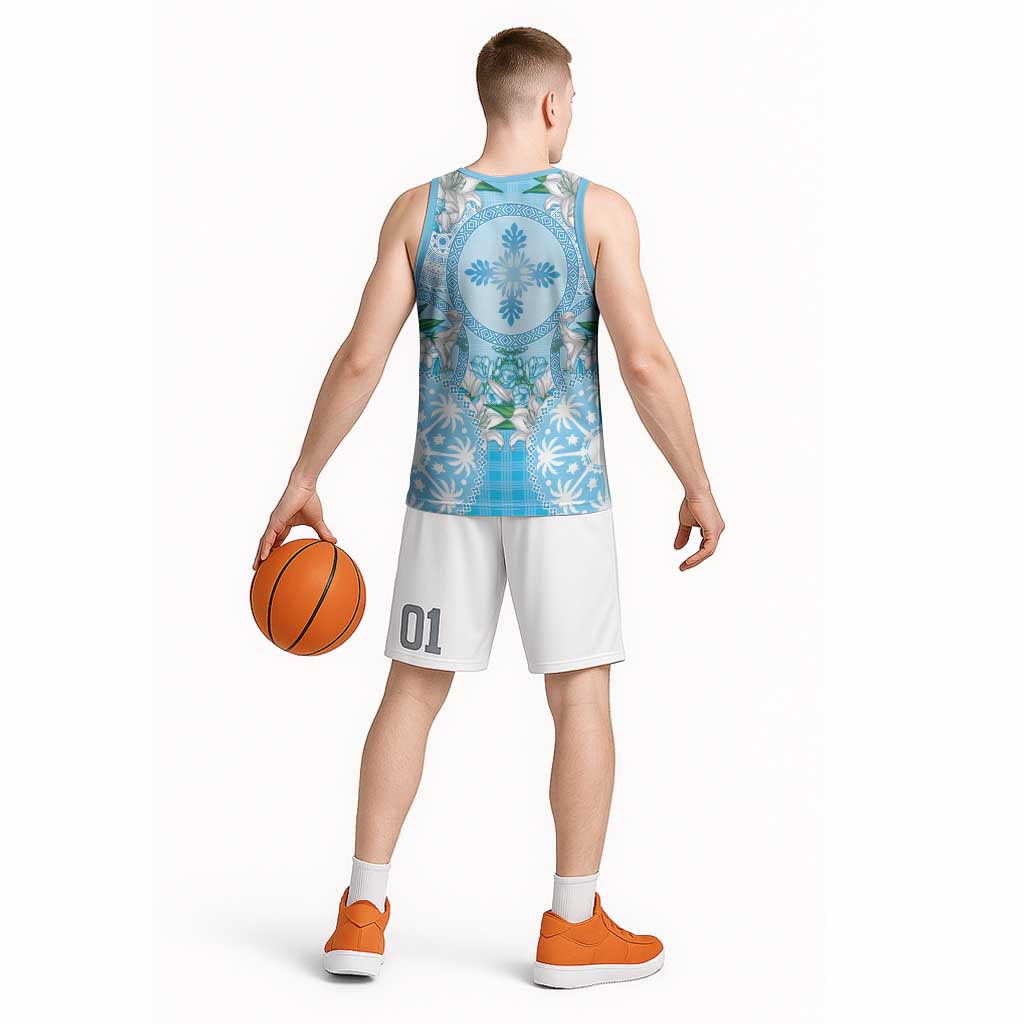 Hawaii Cyan Palaka Basketball Jersey With Tapa Pattern Tropical Flowers - Polynesian Pride
