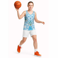 Hawaii Cyan Palaka Basketball Jersey With Tapa Pattern Tropical Flowers - Polynesian Pride